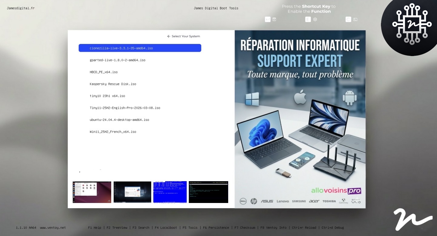 James DIgital 44 - IT Support - Tools Rescues ISO - Ventoy USB Boot Screenshot Personnalisé James DIgital 44 - IT Support - Tools Rescues ISO - Ventoy USB Boot Screenshot Personnalisé