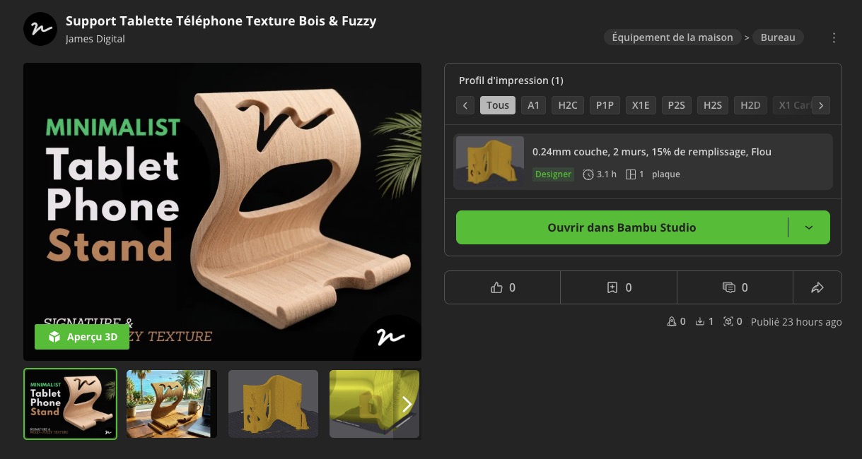 Support Tablette Téléphone Texture Bois & Fuzzy - Bambulab - A télécharger gratuitement sur Markerworkd by Quntin James - James Digital